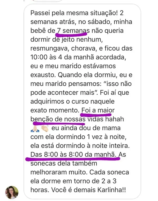 Depoimento: bebê de 7 semanas dormindo das 8h às 8h